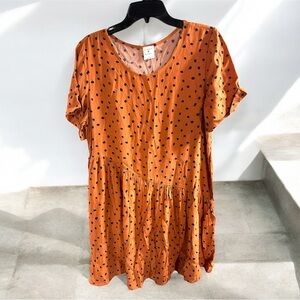 By Together Flowy Knee Length Polka Dot Dress Size L Organge Navy Blue Ruffle‎